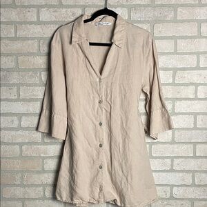 Zara Linen Light Beige Button-Down Shirt tunic mini dress